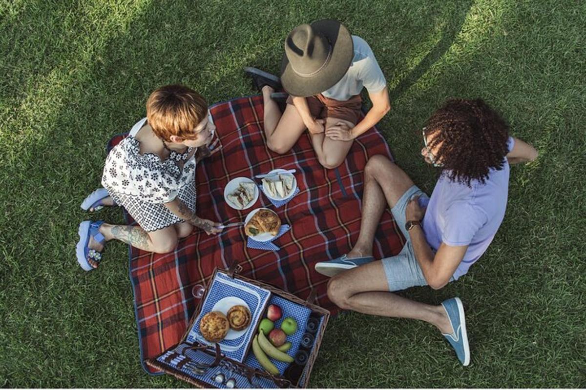 Tres personas sentadas en una manta de picnic con un plato de comida.