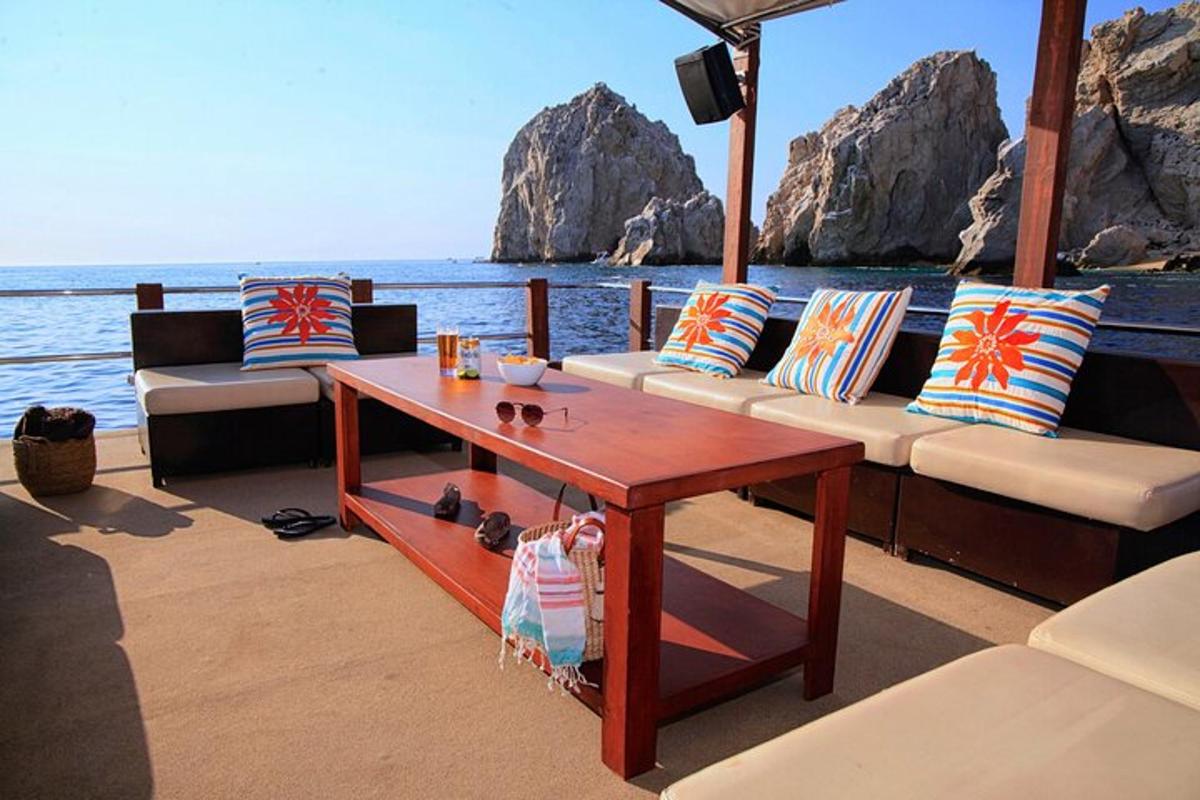 a bench and a table on a boat