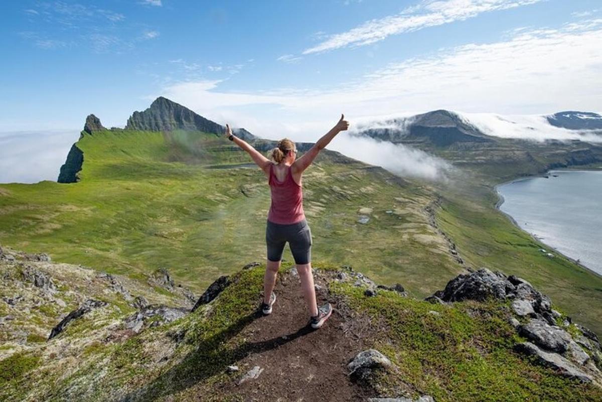 žena stojící na vrcholu hory s rozpaženýma rukama