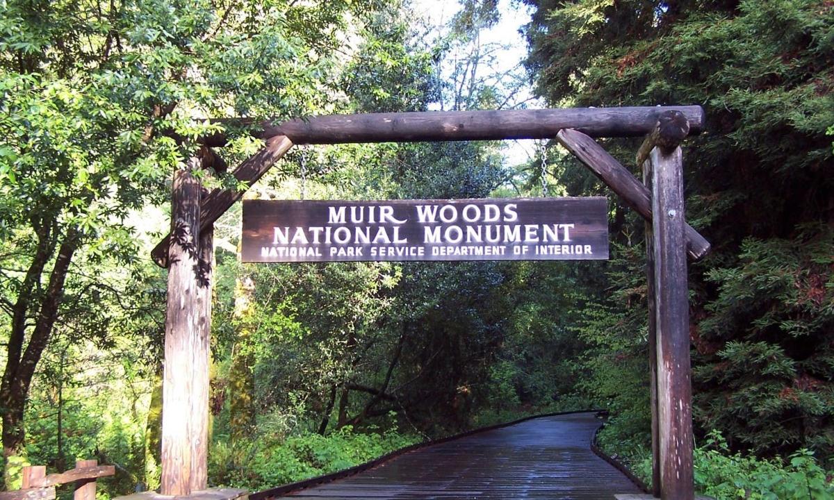 un cartello per il monumento nazionale di Nirt Woods in una foresta