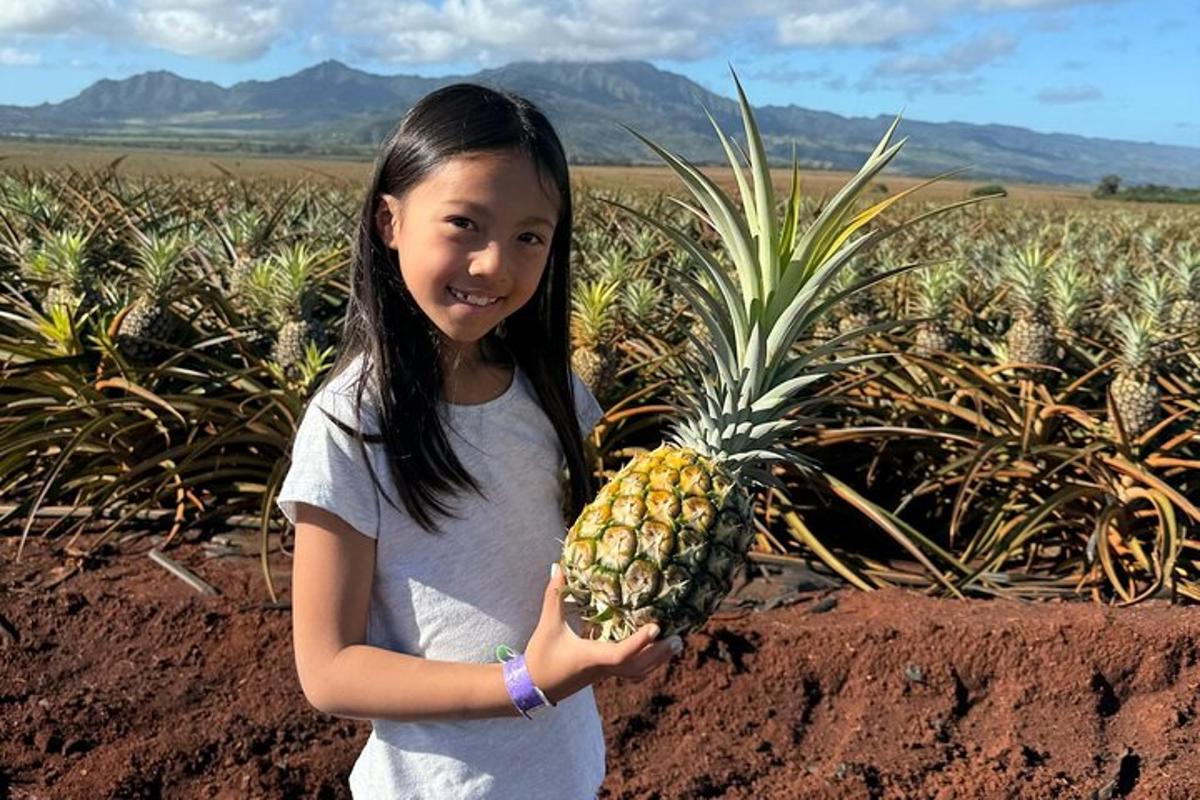 a little girl holding a pineapple in a field