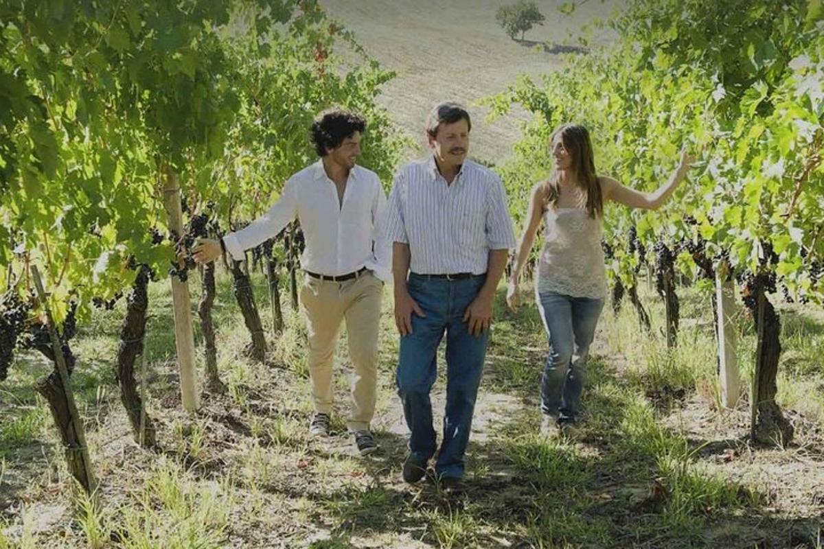 a group of three people walking through a vineyard