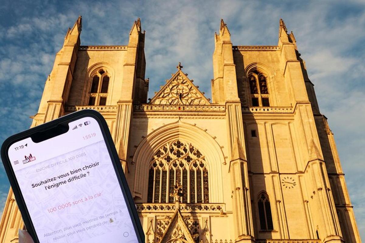 a cell phone in front of a church