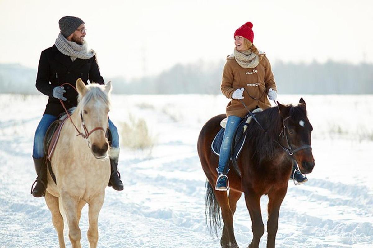 Un hombre y una mujer montando a caballo en la nieve.