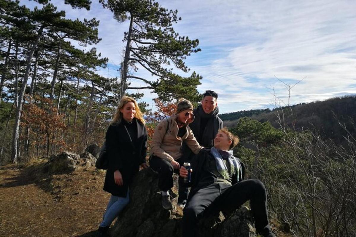 a group of people posing for a picture on a mountain