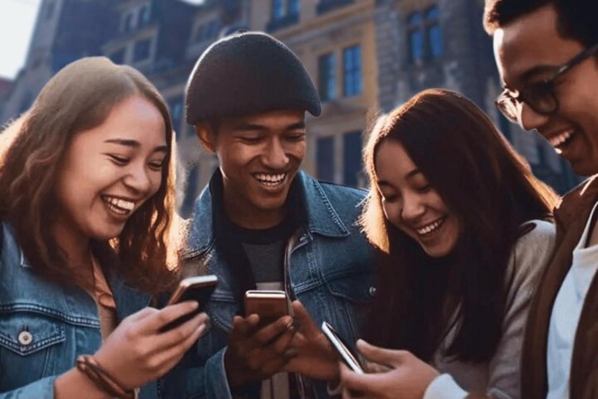 un gruppo di persone che ridono mentre guardano i loro cellulari
