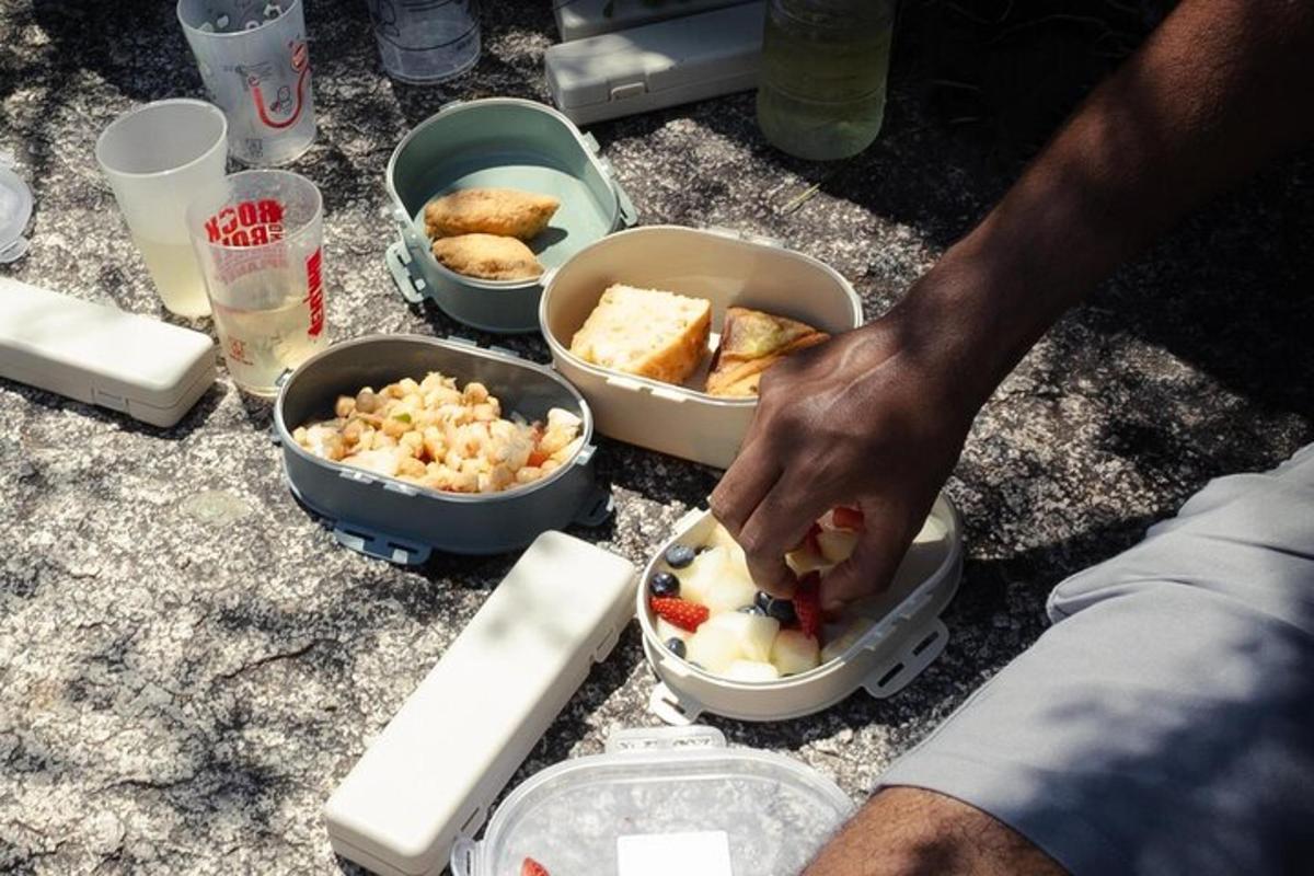 eine Person legt Essen in Tabletts mit Essen