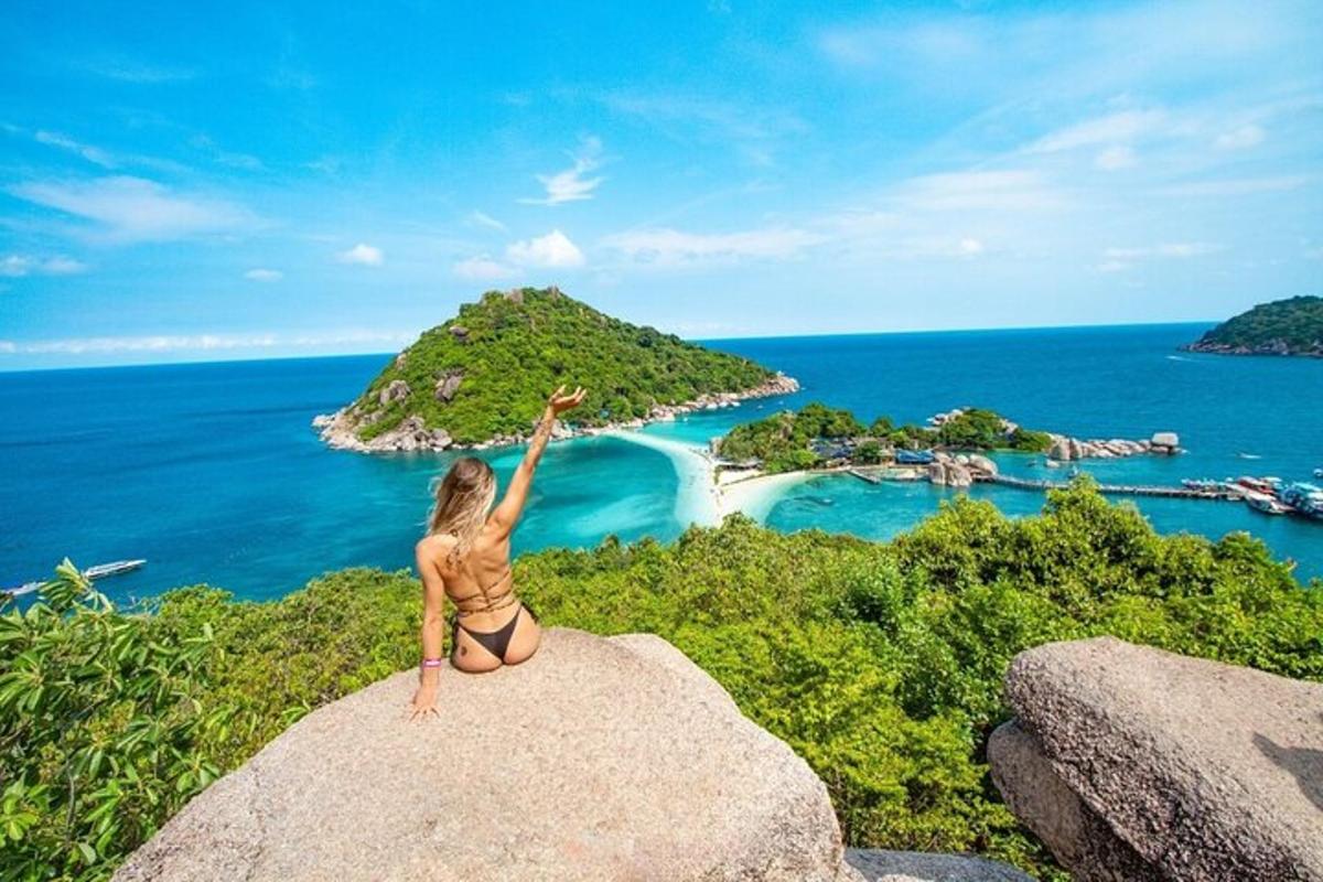 a woman in a bikini sitting on a rock looking at an island