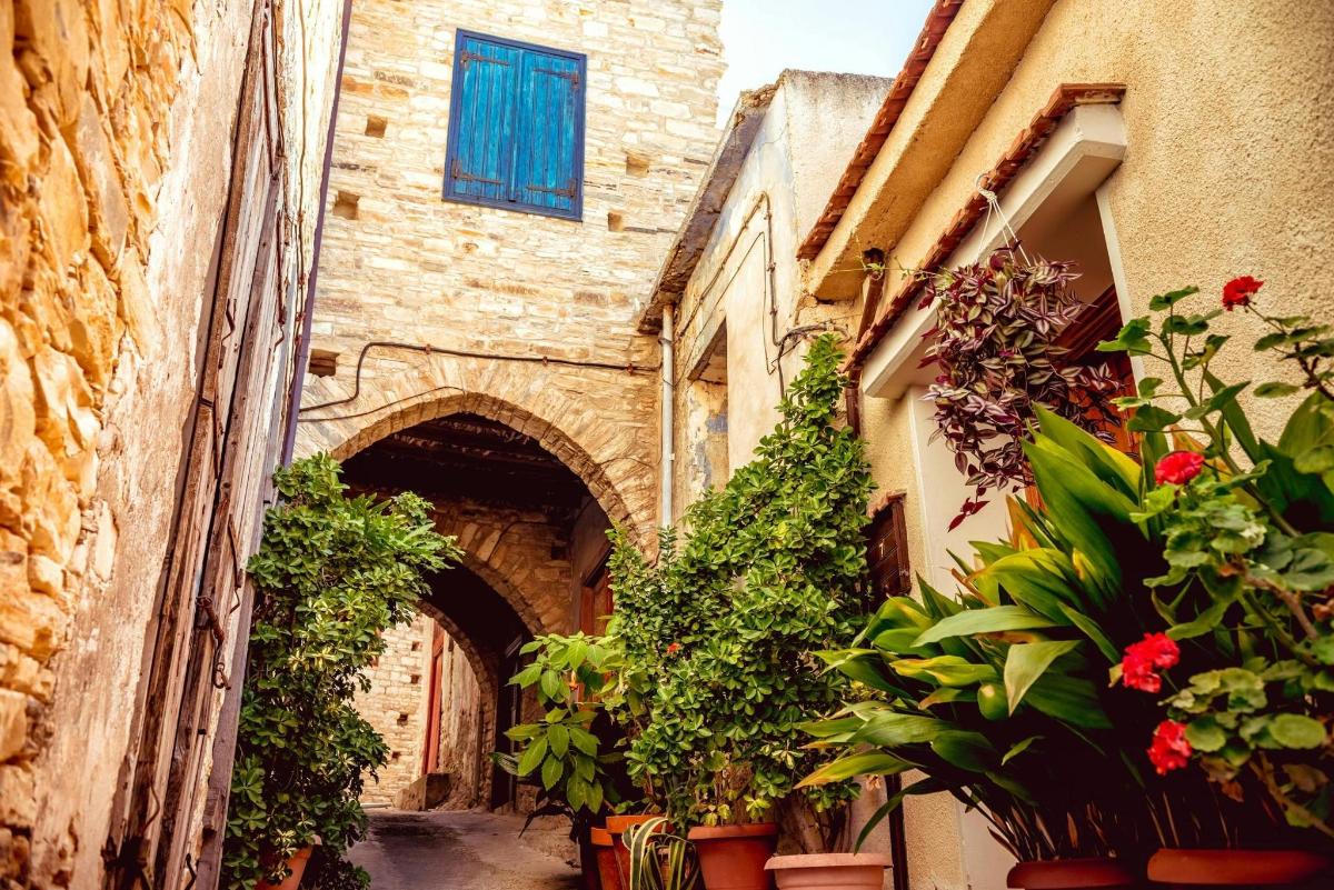 un carreró amb flors i plantes en un edifici