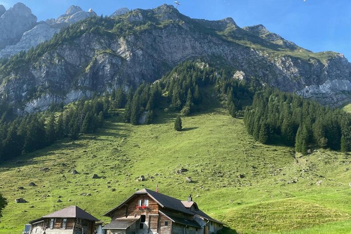 una casa su una collina verde con una montagna