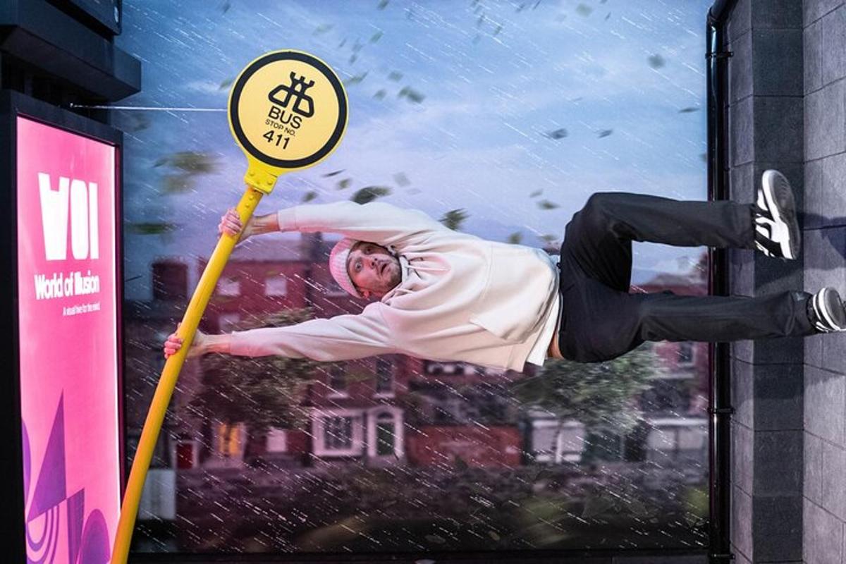 a painting of a man jumping in the air with a sign
