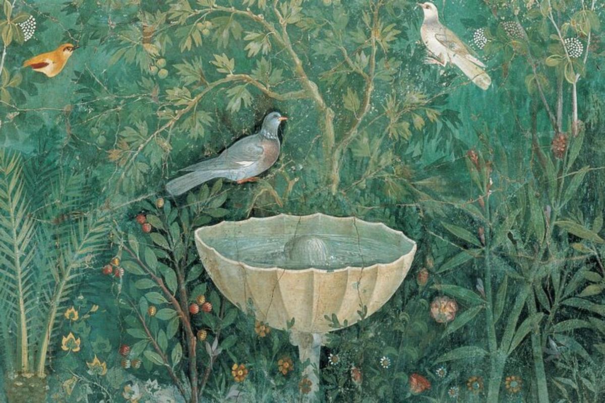 uma pintura de dois pássaros parados ao lado de um bebedouro para pássaros