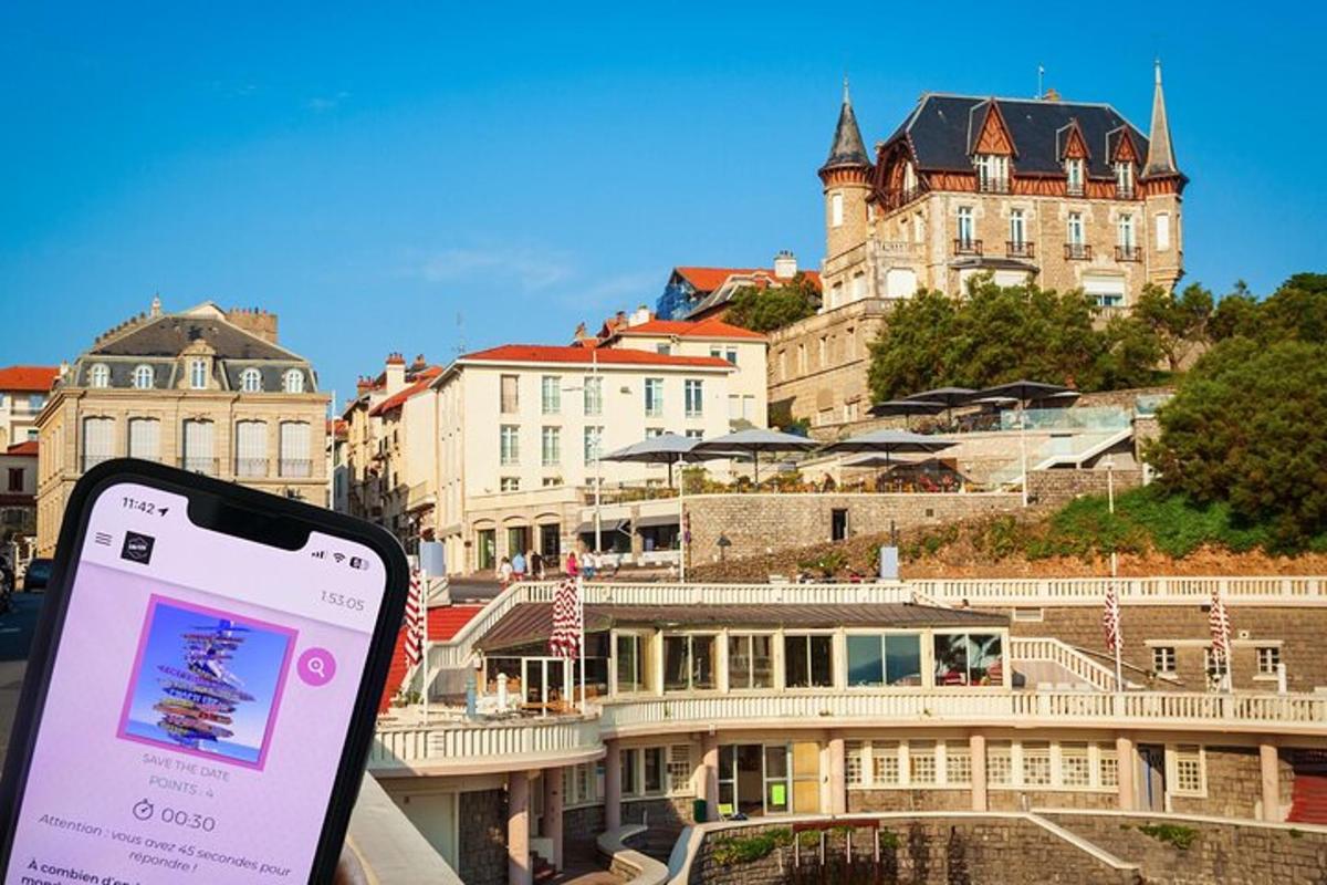 a cell phone in front of a city with buildings