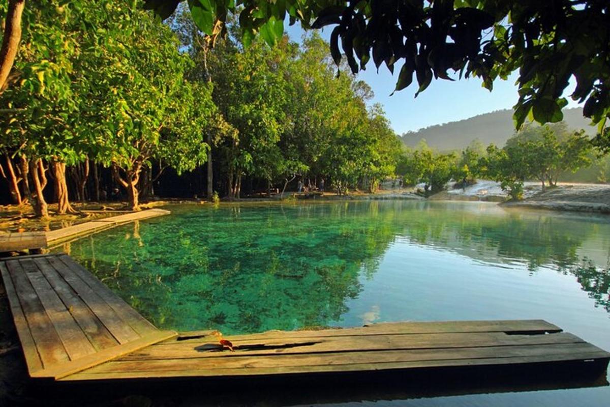 a large pool of water with a wooden dock