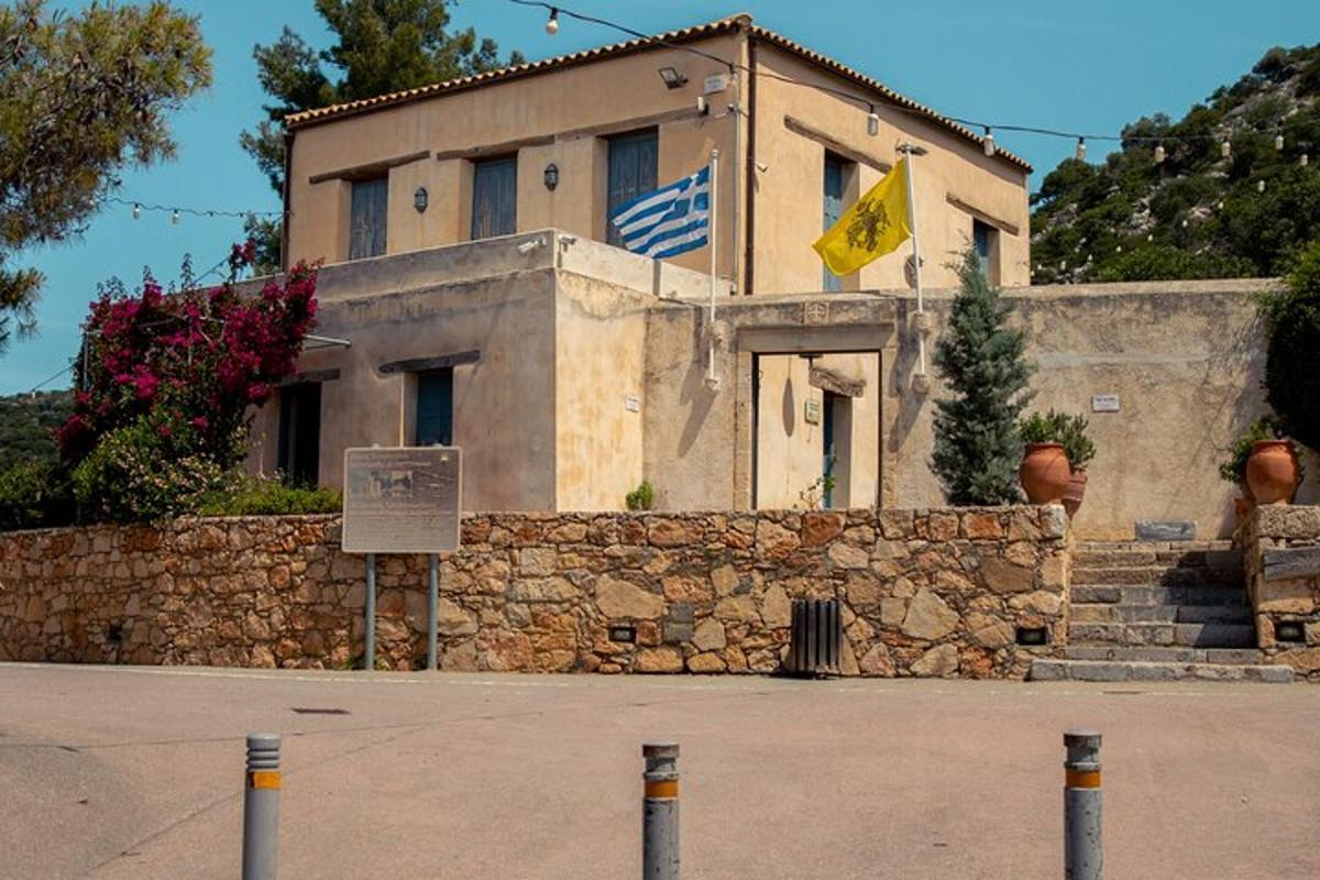 a building with two flags in front of it