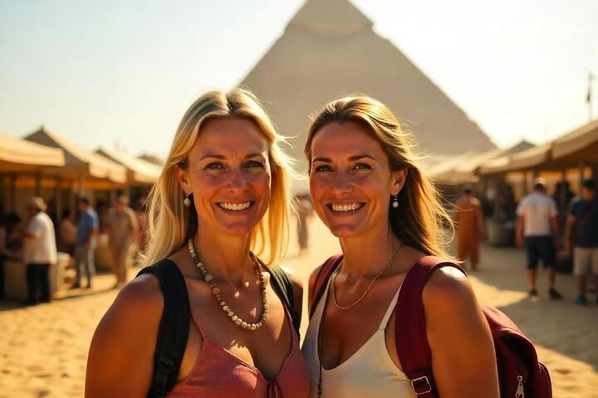 two women are posing for a picture in front of the pyramids
