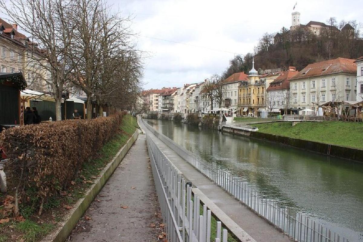 a river in a city with houses and buildings