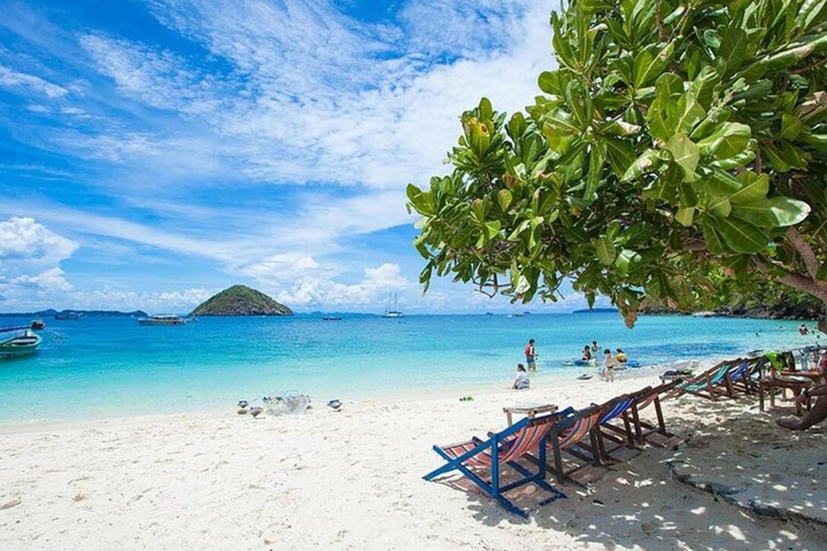 pantai dengan kerusi dan orang di dalam air