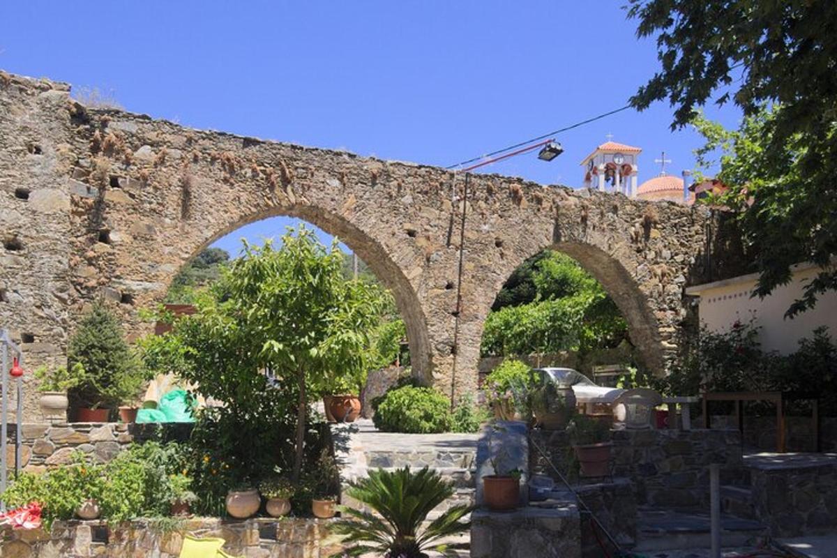 un vecchio ponte di pietra a due archi in un giardino