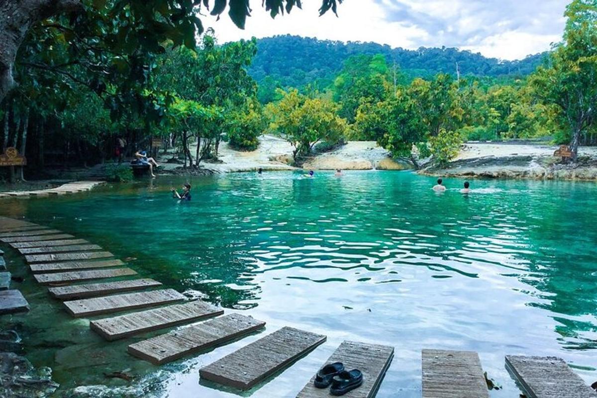 una piscina di acqua blu con persone che nuotano al suo interno