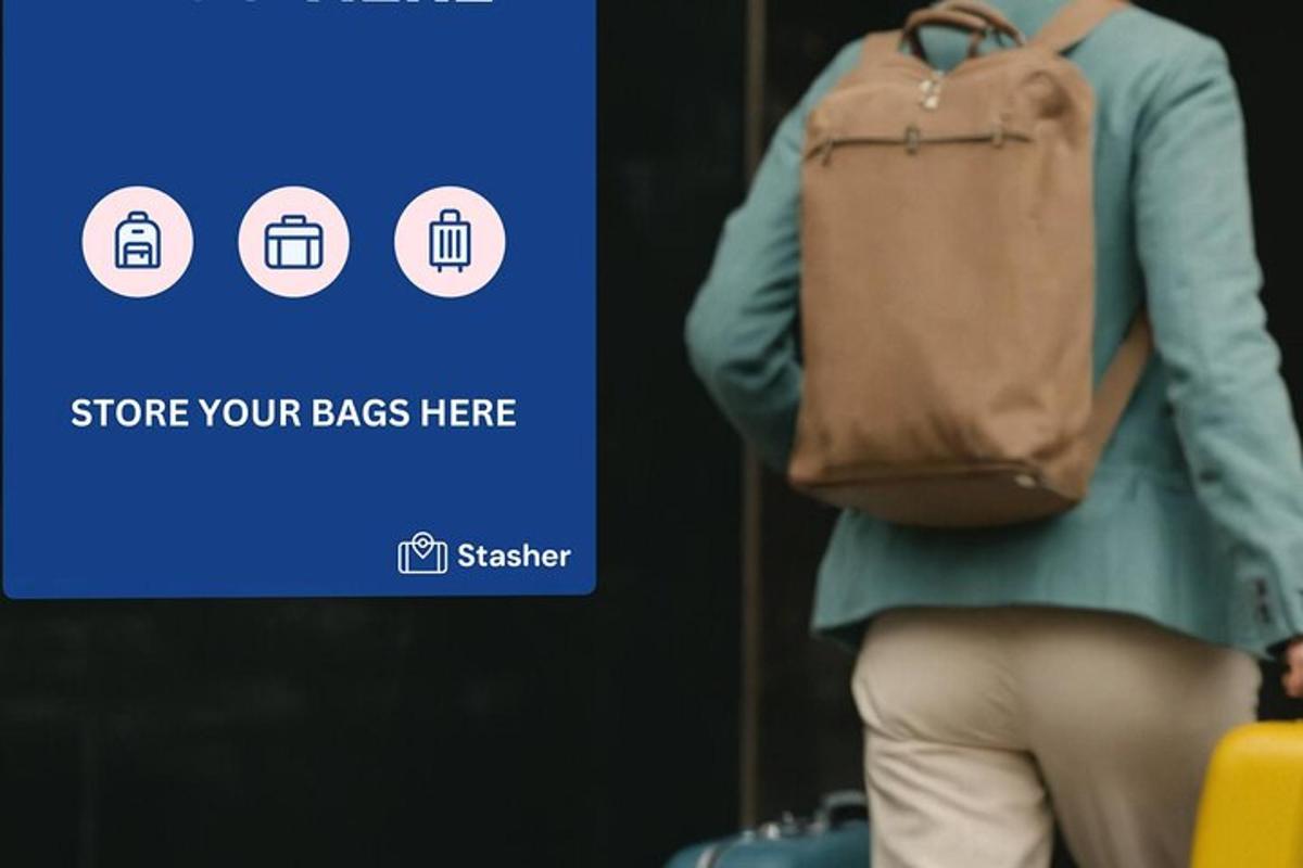 a person with a backpack standing in front of a sign