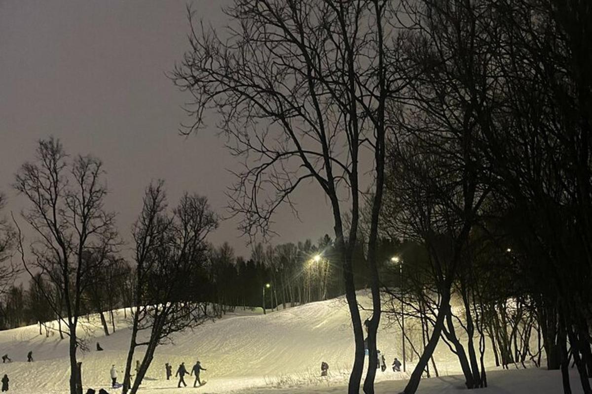 sekumpulan orang bermain ski menuruni cerun yang dilitupi salji