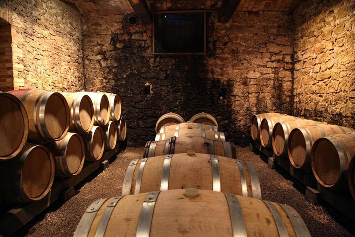una fila di botti di vino in una vecchia cantina