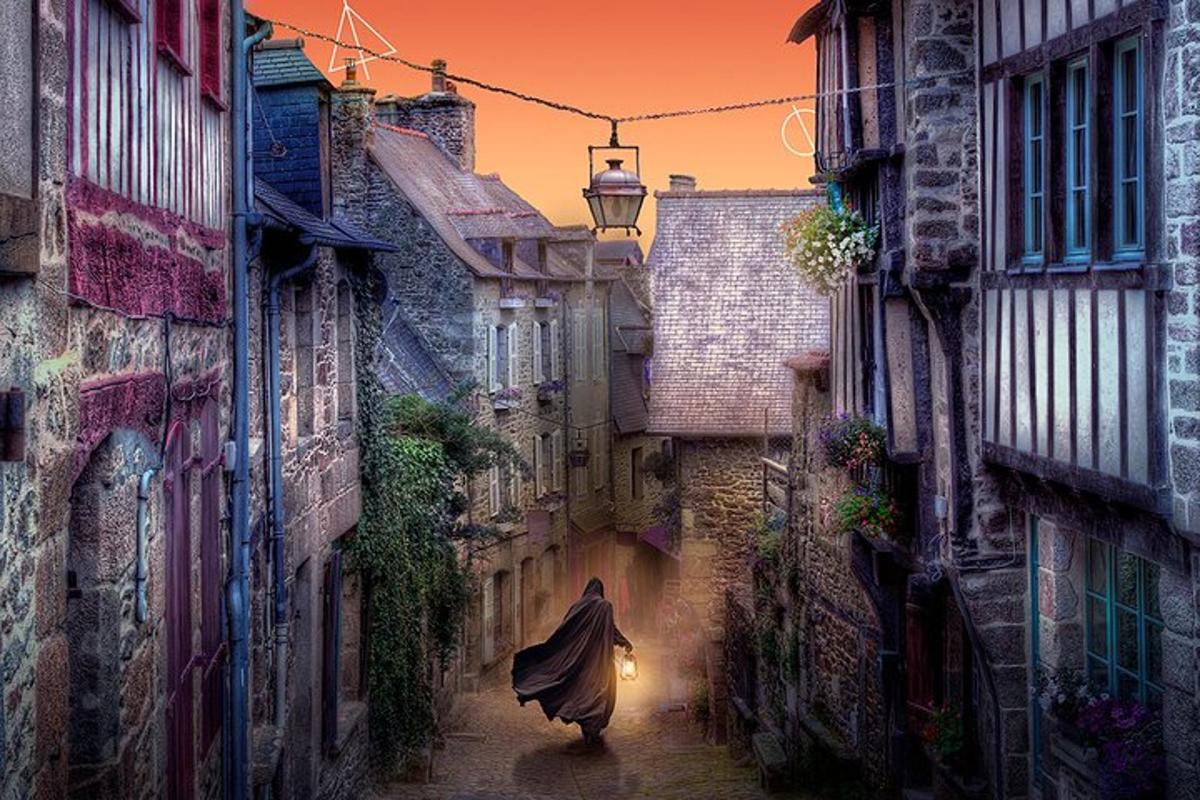 a woman walking down a street in an alley