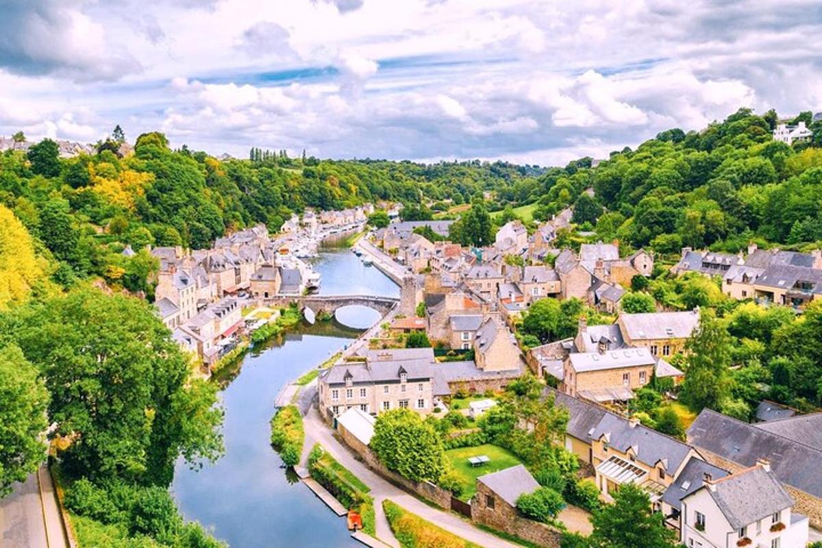 an aerial view of a town with a river