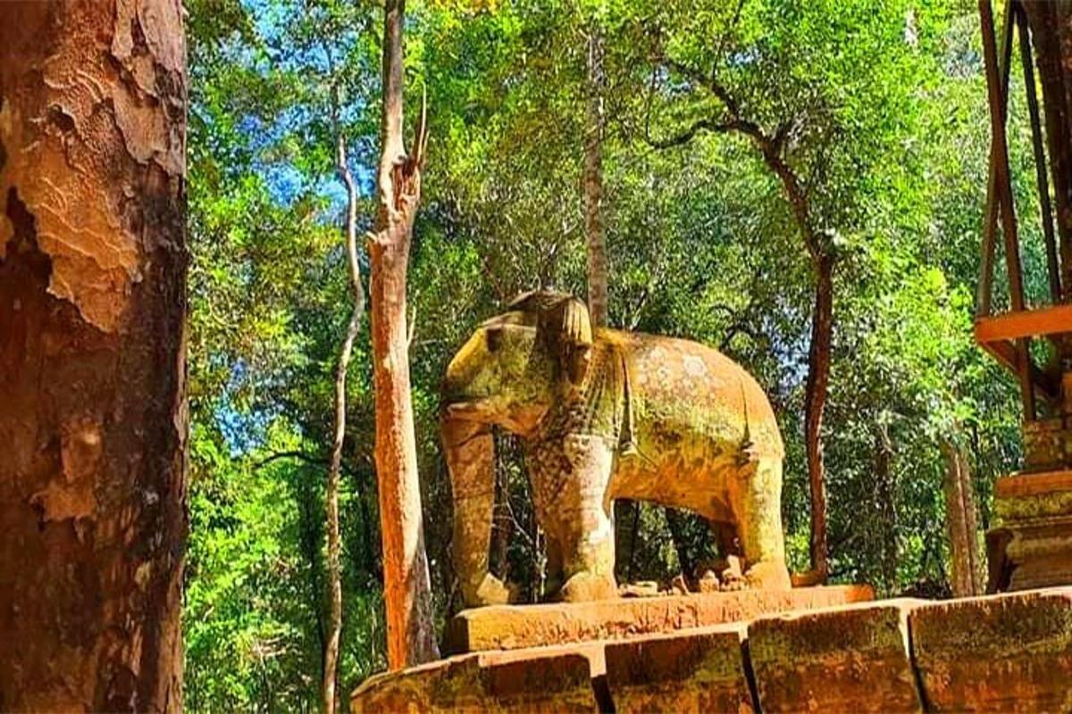 o statuie a unui elefant care stă într-o pădure