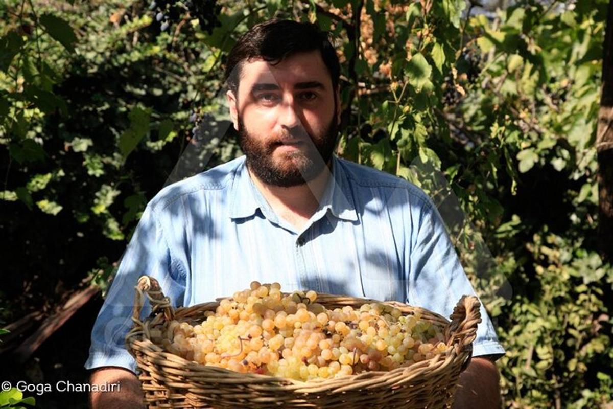 muž drží košík hroznů