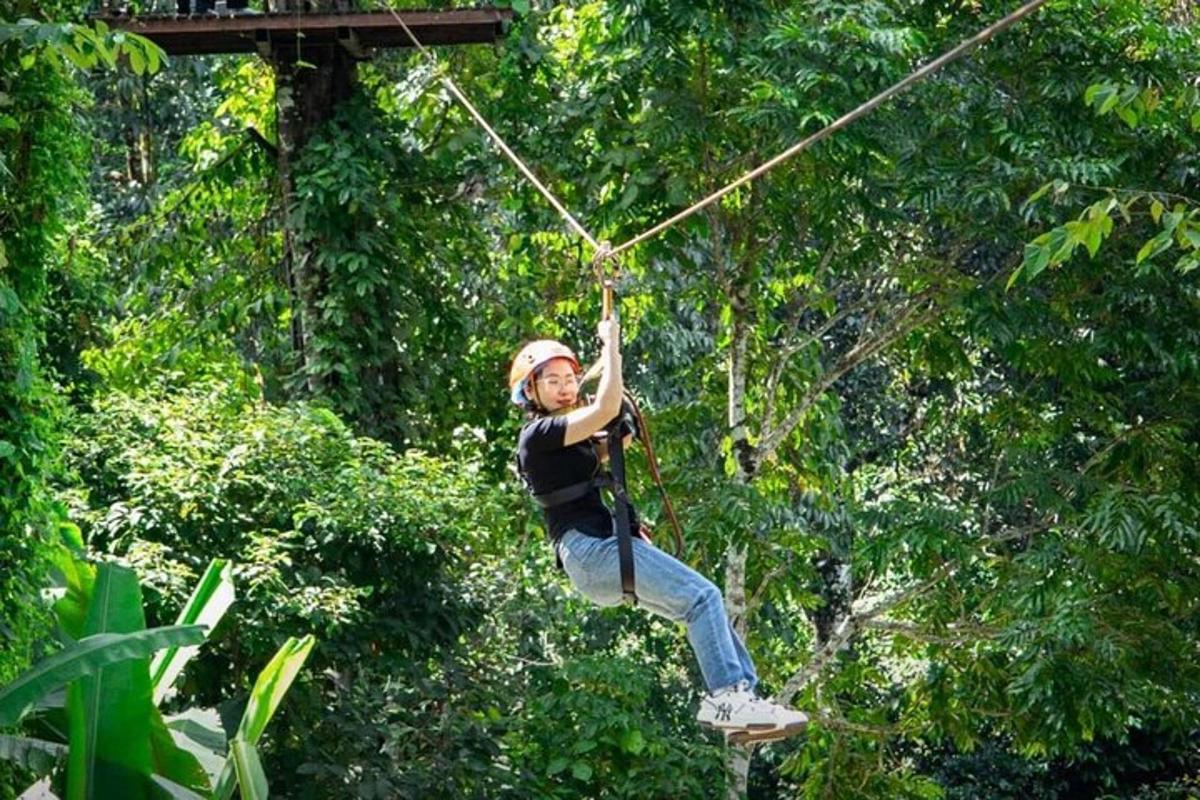 seseorang berayun di tali zipline di hutan