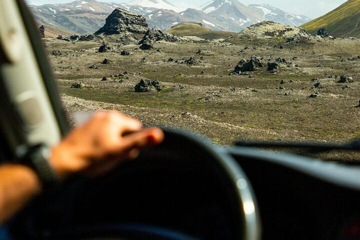 eine Person, die in einem Auto sitzt und auf die Berge blickt