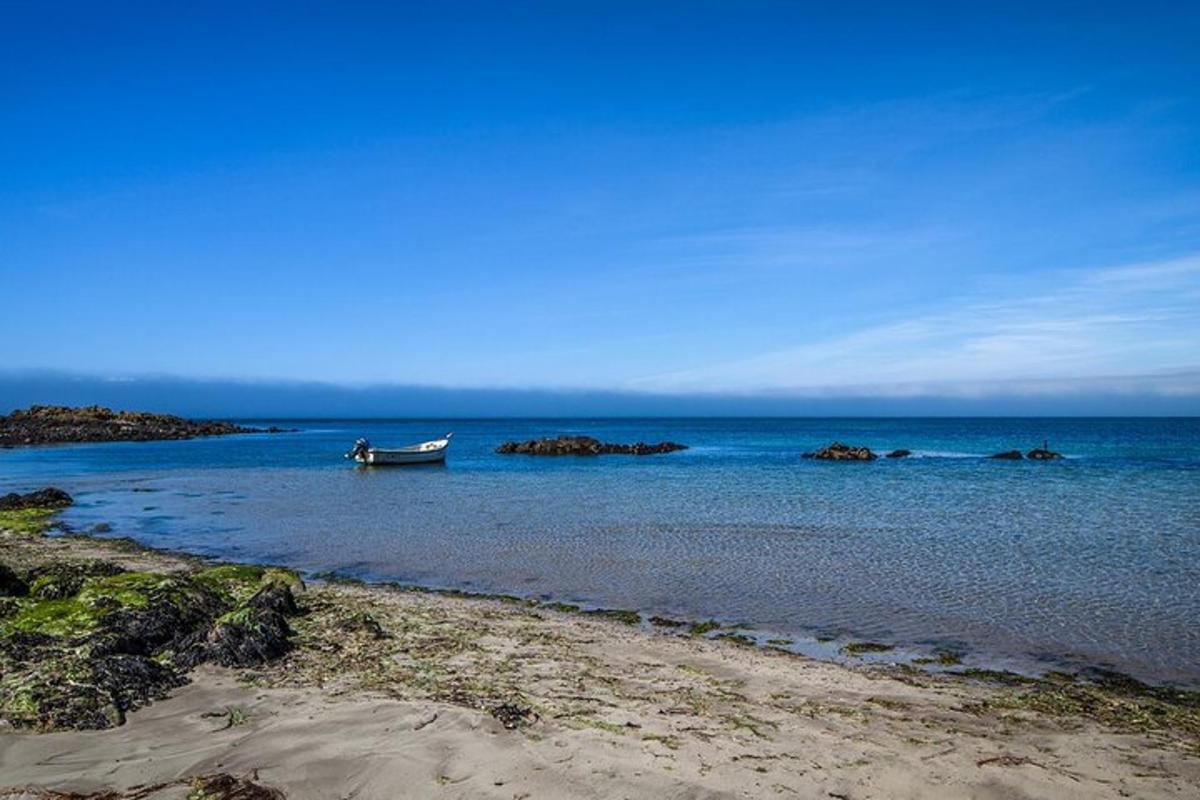un barco en el agua junto a una playa