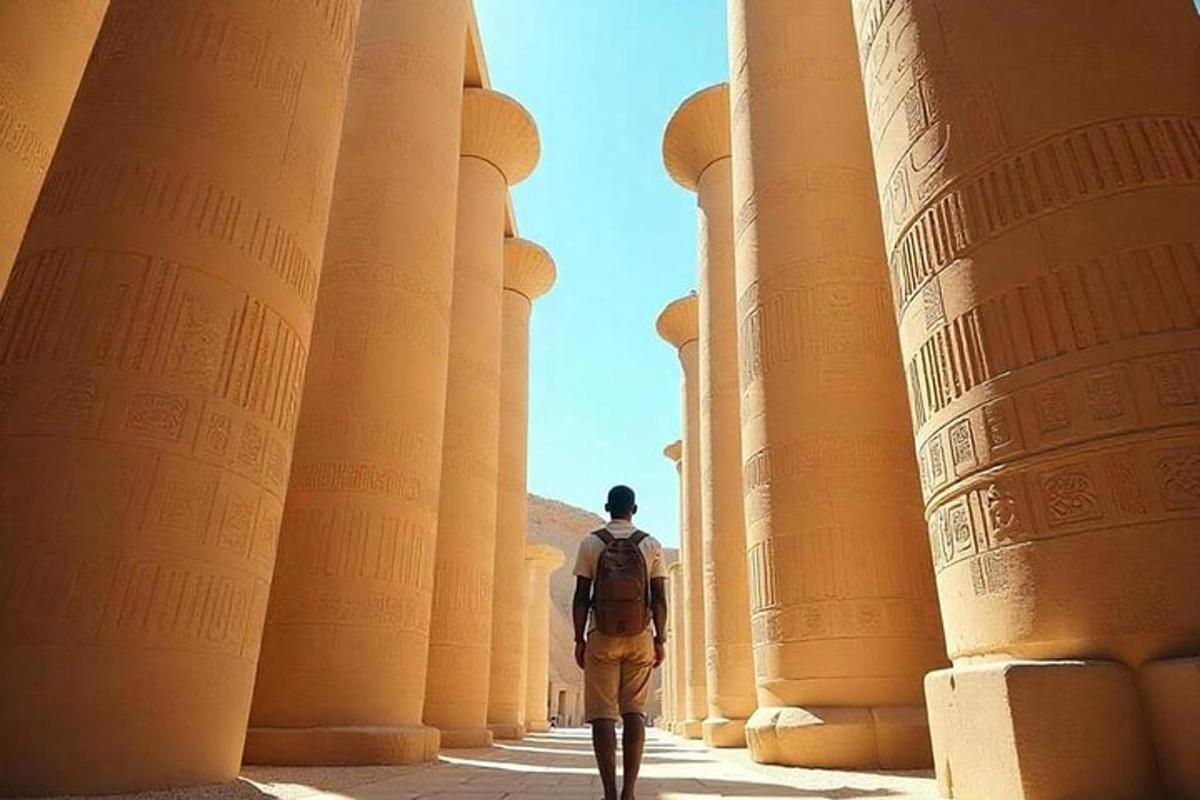 um homem caminhando por uma fileira de colunas