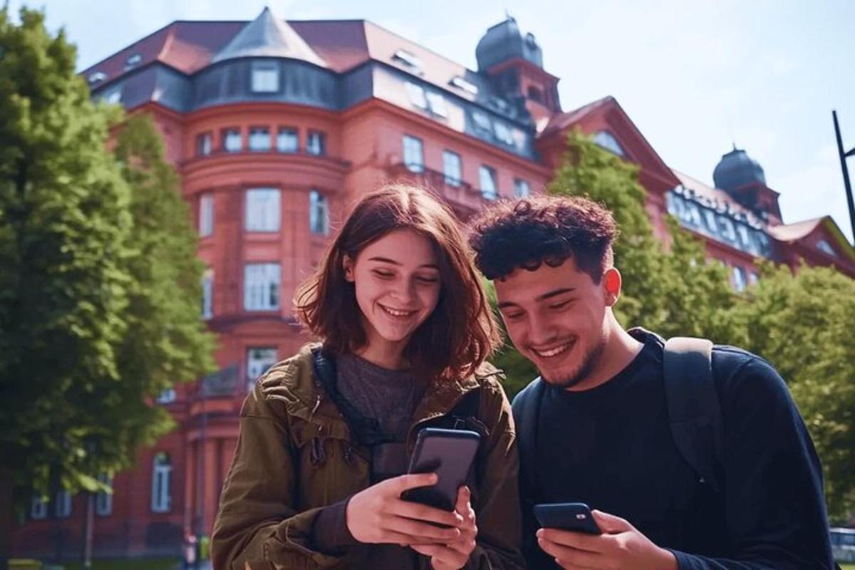Un hombre y una mujer mirando sus teléfonos celulares.
