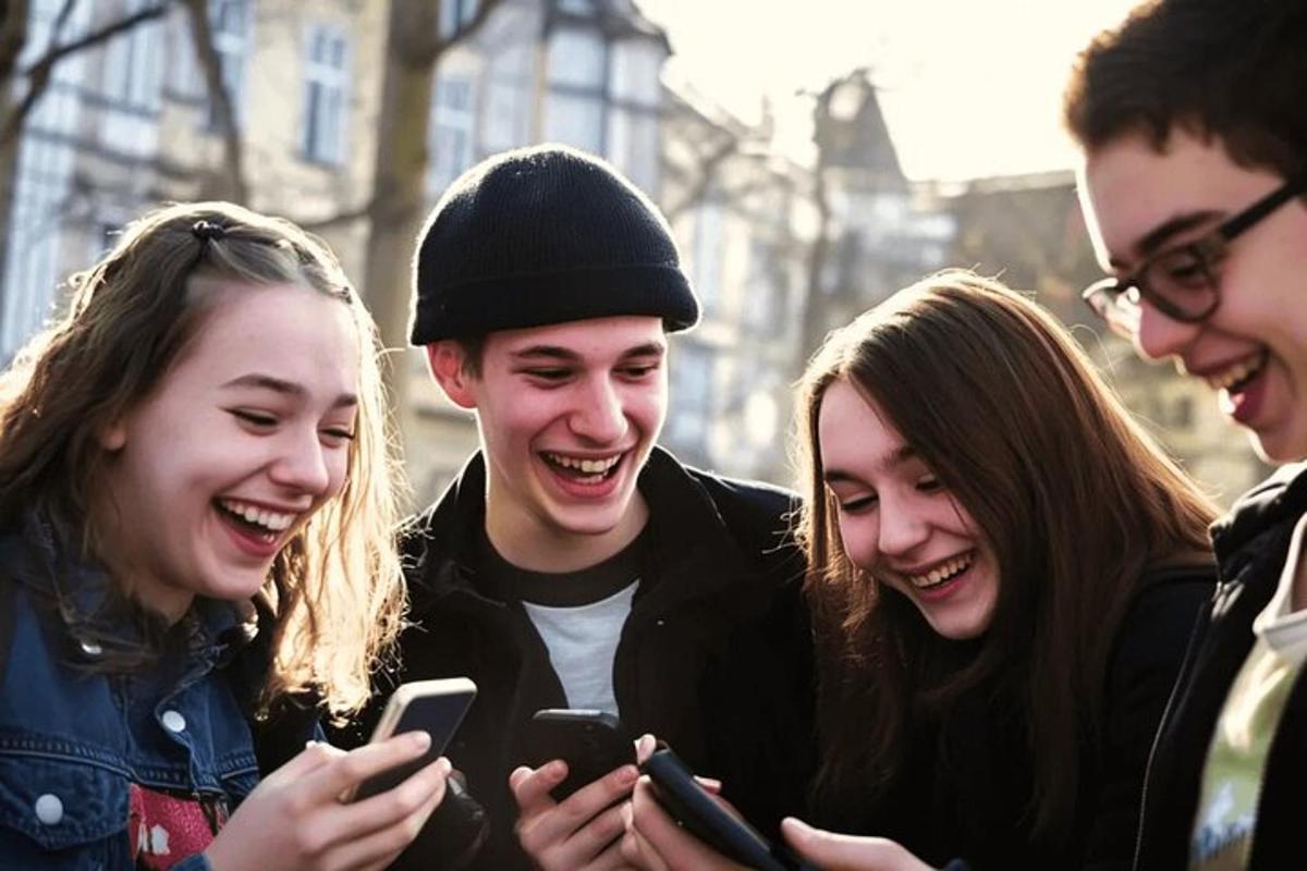 a group of young people looking at their cell phones