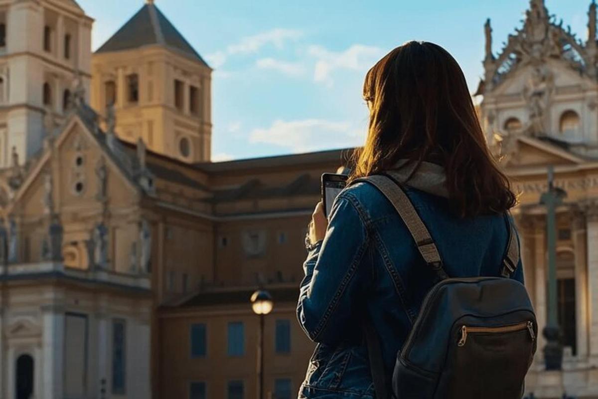 a woman with a backpack taking a picture of a building