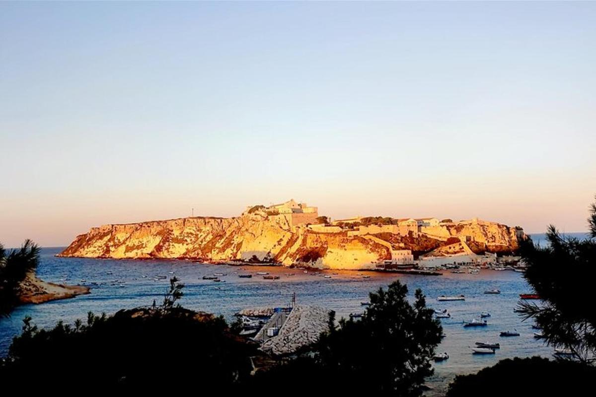 a view of a island with boats in the water