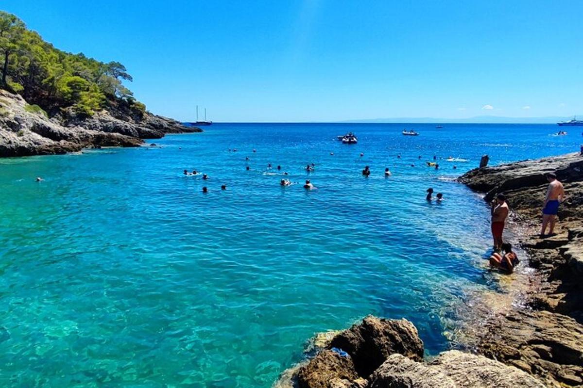 a group of people in the water at a beach