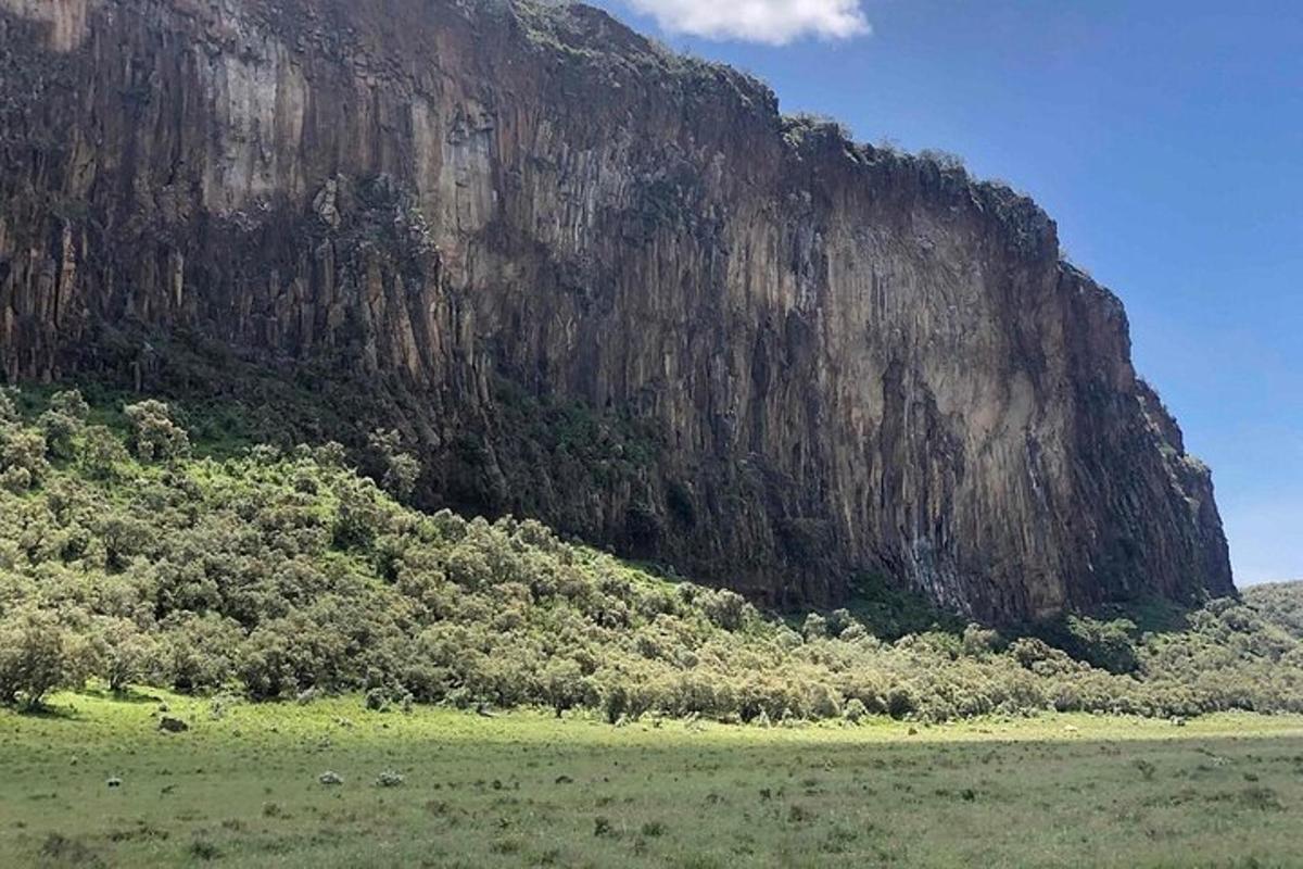 Una gran montaña rocosa con un campo verde delante de ella.