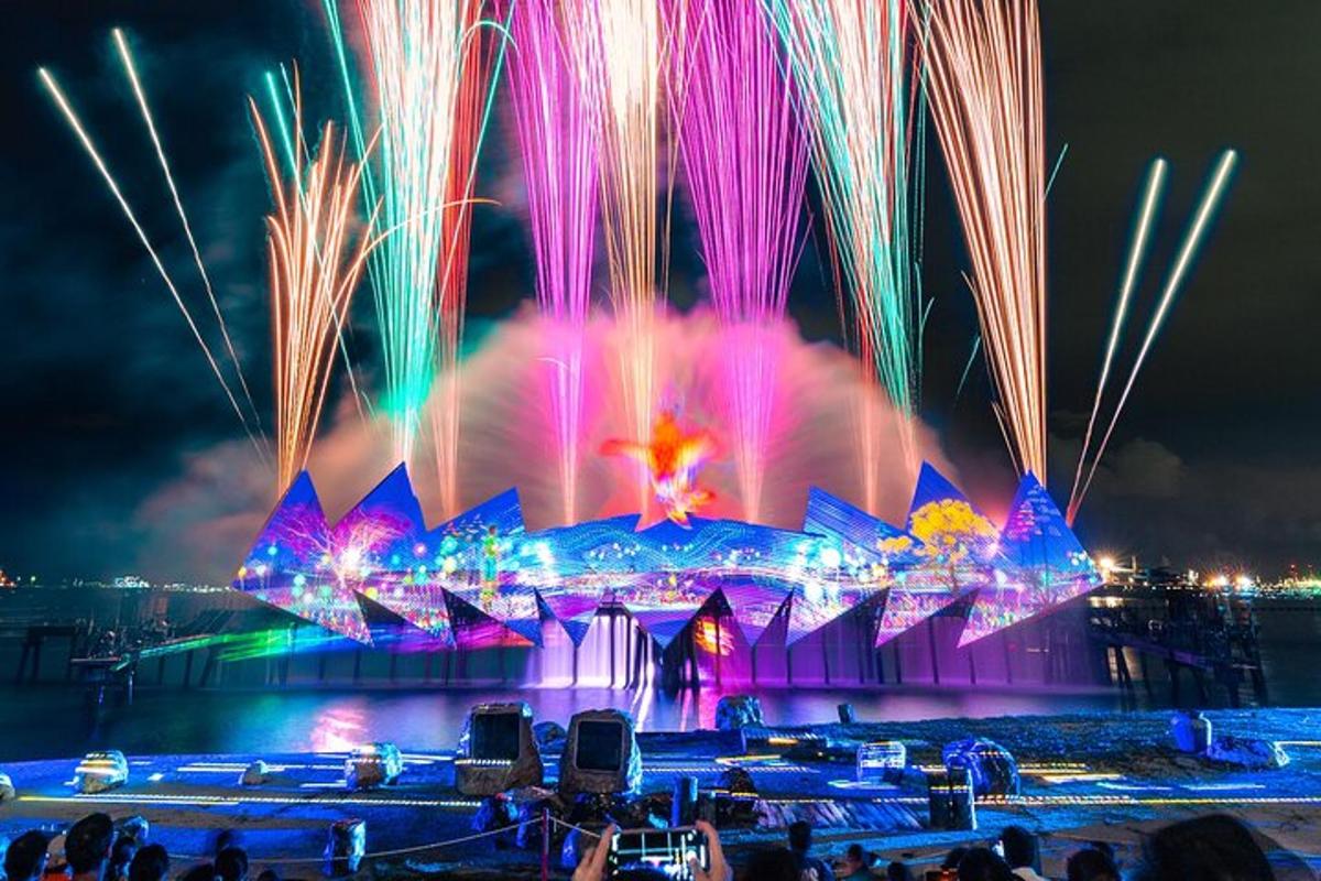 pertunjukan dengan laser dan lampu pada waktu malam