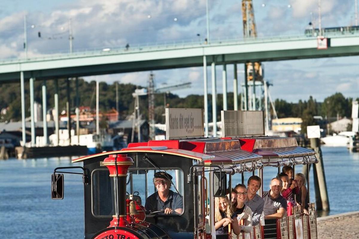 a group of people riding on a small train