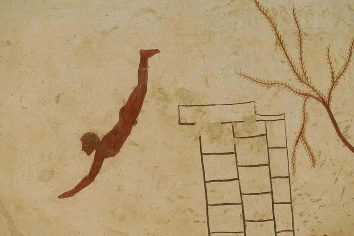 a painting of a man diving into a pool