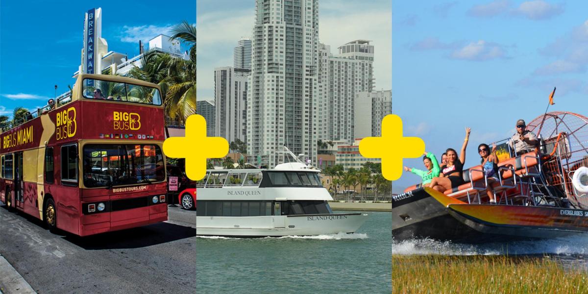 three pictures of a double decker bus and a boat
