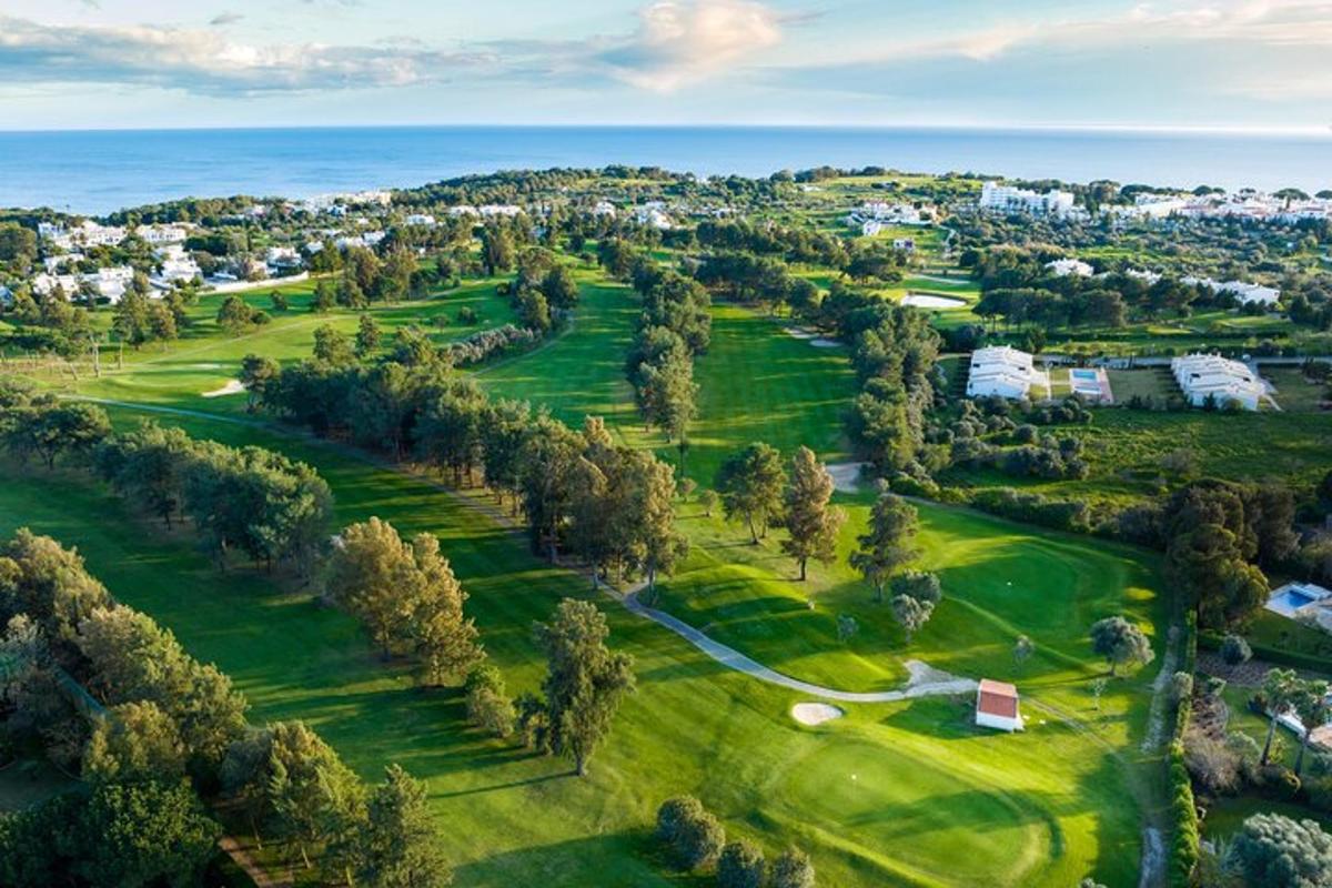 an overhead view of a golf course with trees
