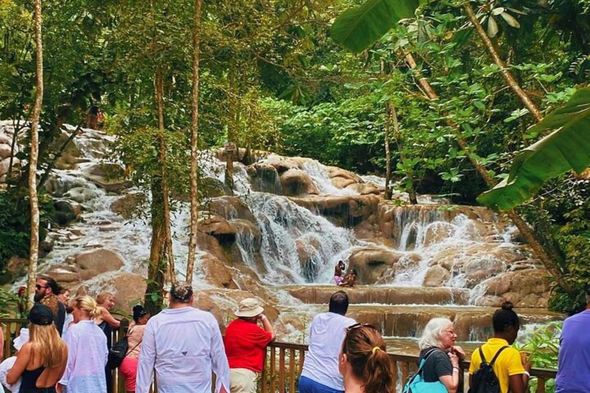 Un grupo de personas de pie frente a una cascada.