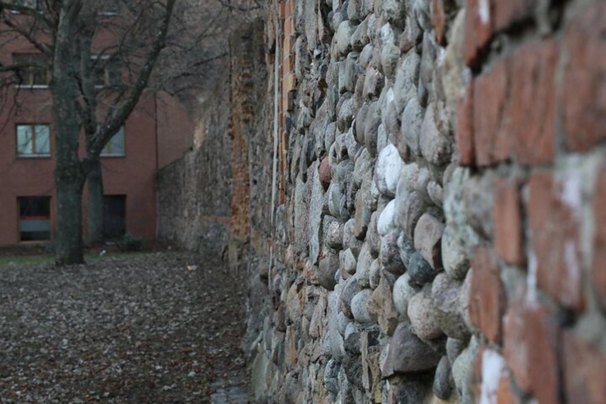 ένας τοίχος από τούβλα με ένα δέντρο και ένα κτίριο