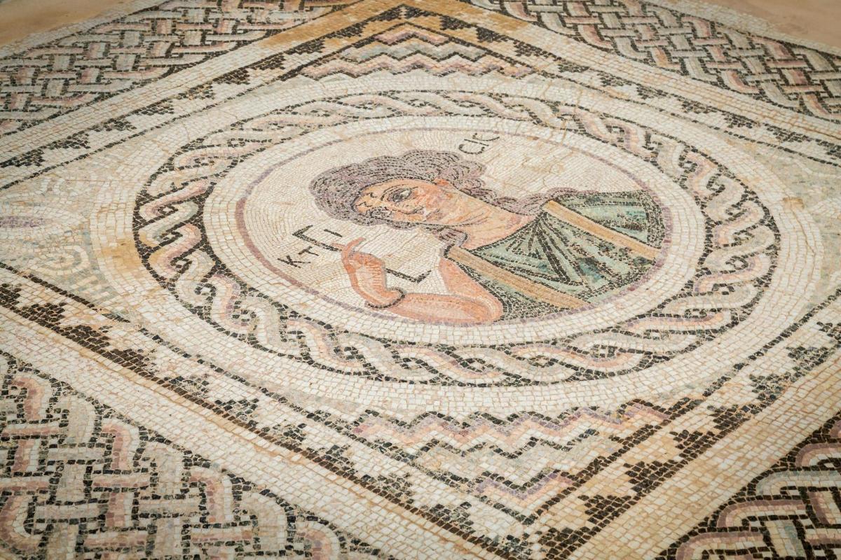 a mosaic of a woman holding a bat on a floor