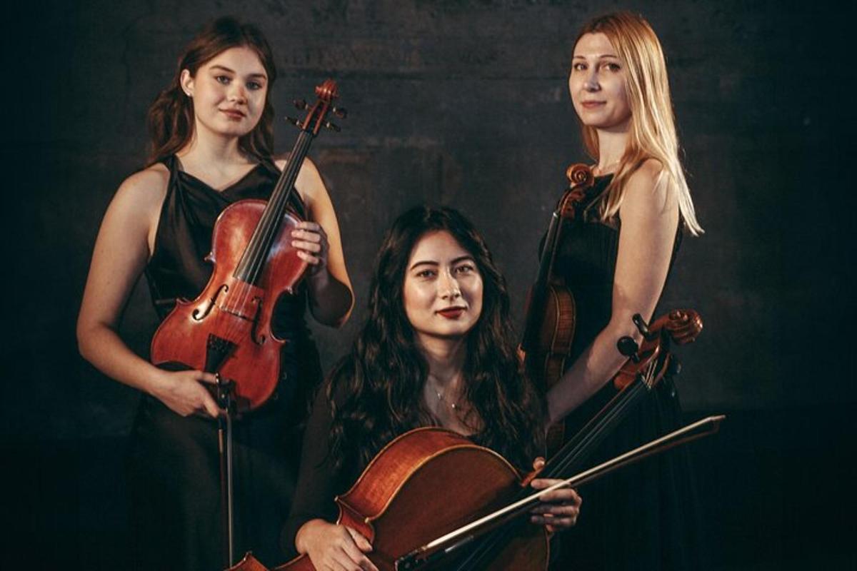 tre donne posano per una foto con un violino